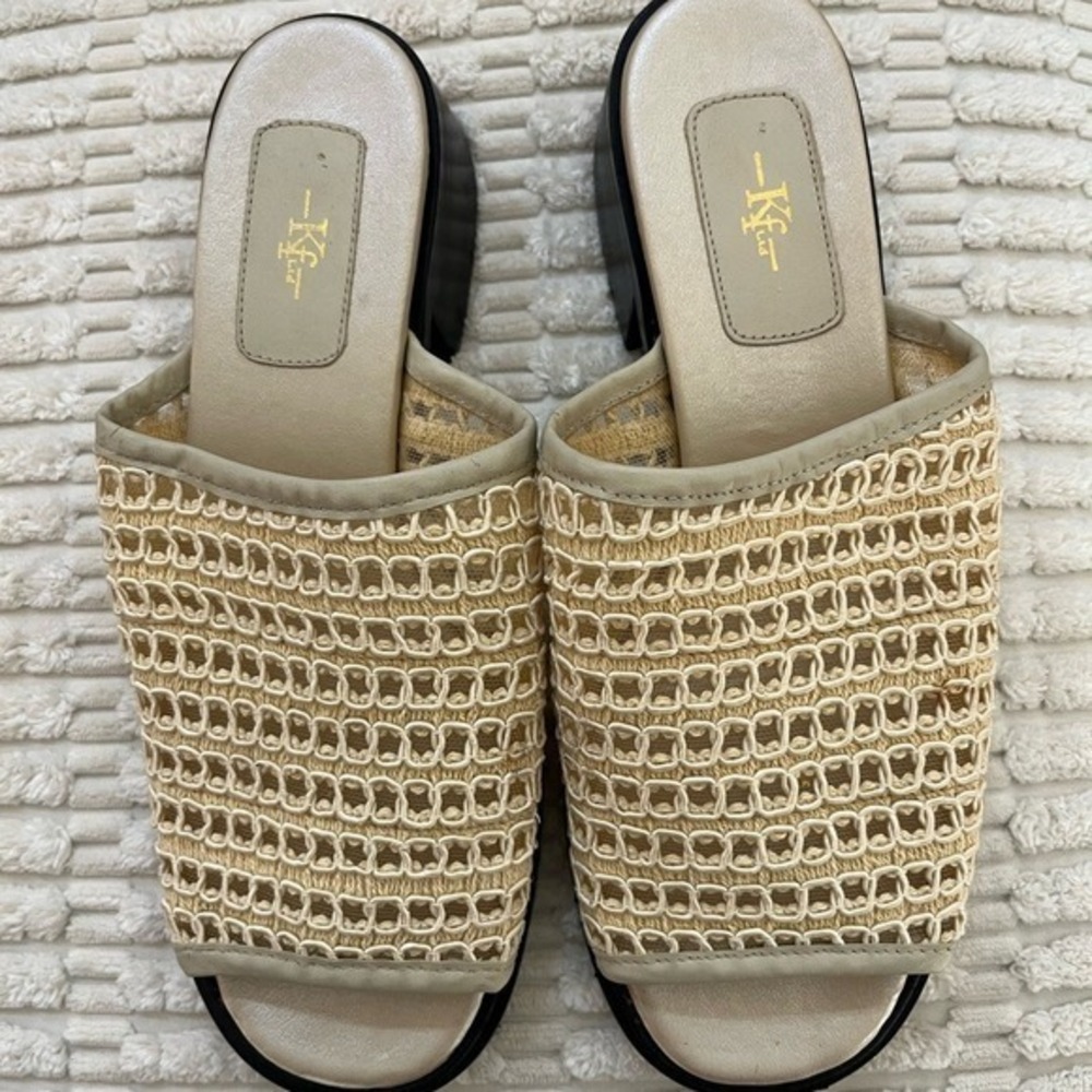 KF Ltd Breccia Woven Mesh Slide Sandals Cream Crochet Block Heel Mules Brazil 8M
